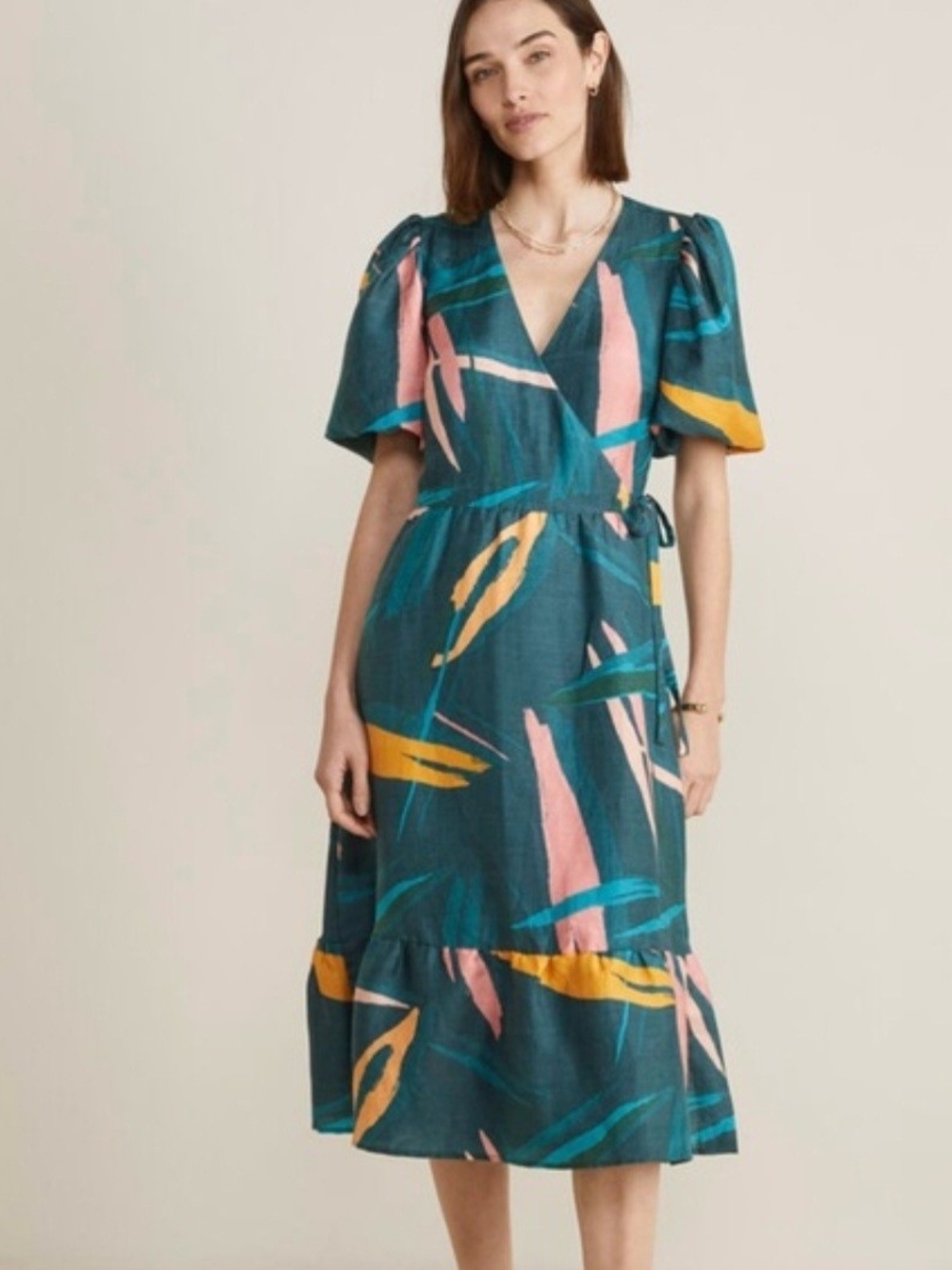 Vineyard Vines Tropical Print Puff Sleeve Midi Dress